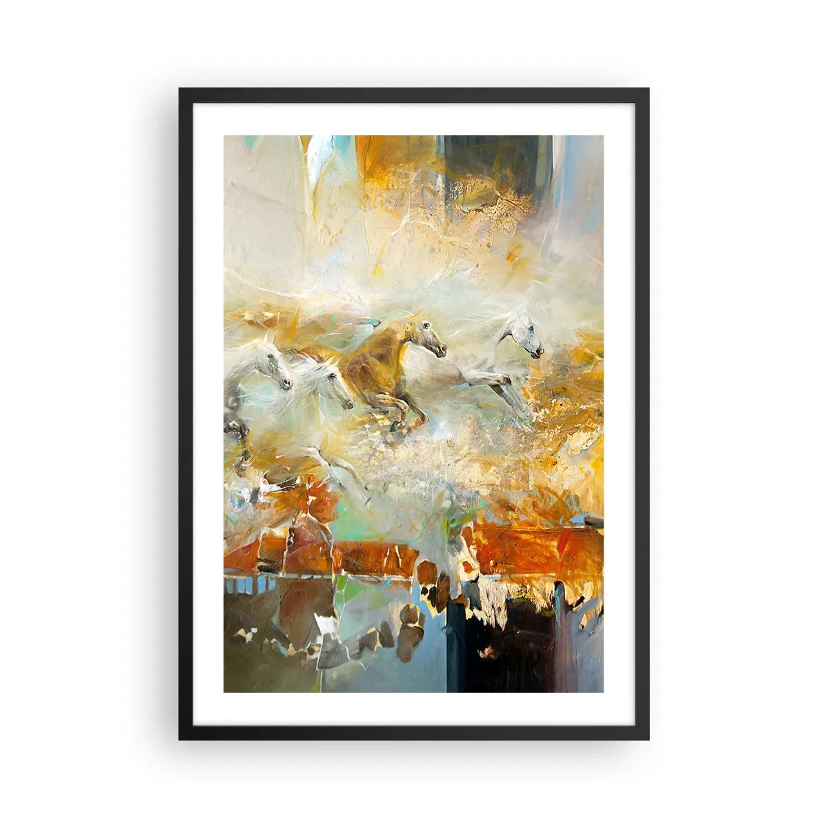Poster in cornice nera - Cavalli al galoppo in un ambiente astratto - 50x70cm - Al galoppo attraverso la luce - Decorazione murale moderna per soggiorno e camera da letto ARTTOR