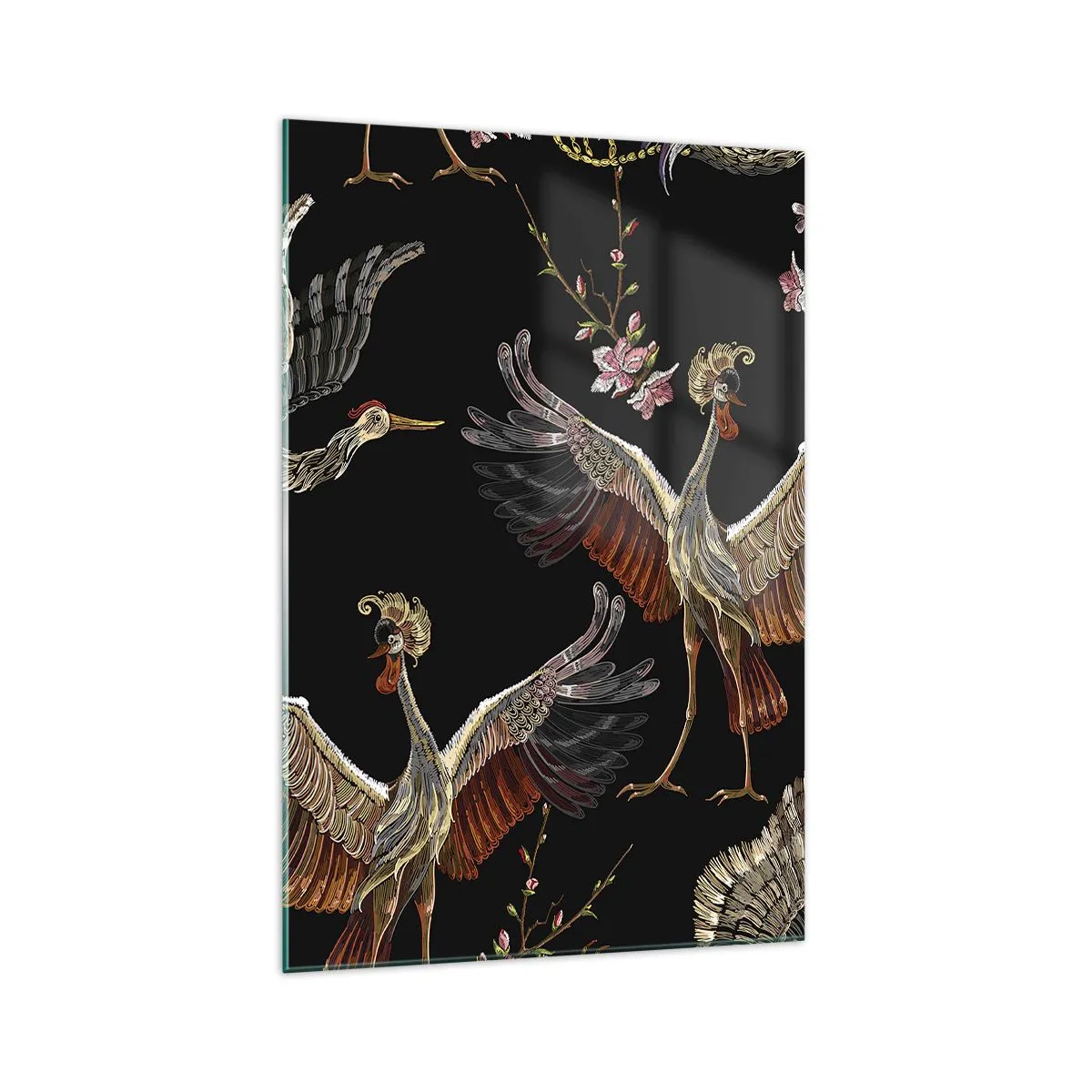 Quadro su vetro - Gru e fiori eleganti su sfondo nero - 70x100cm - Uccello fantastico - Decorazione murale moderna per soggiorno e camera da letto ARTTOR