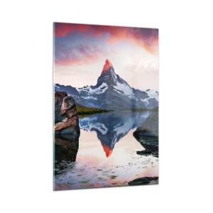 Quadro su vetro - Una cima di montagna riflessa nella calma superficie di un lago al tramonto - 50x70cm - Il cuore dei monti è rovente - Decorazione murale moderna per soggiorno e camera da letto ARTTOR