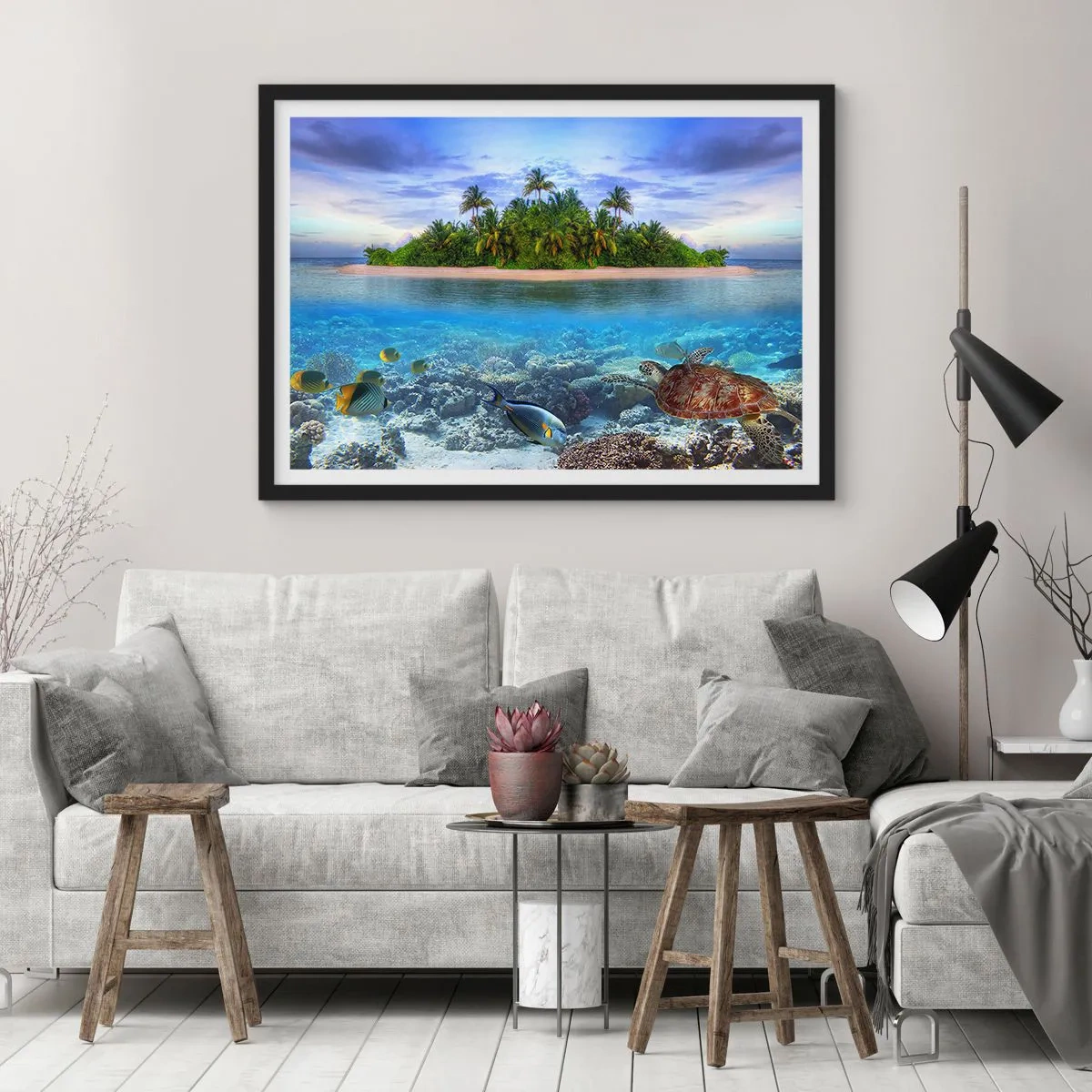 Poster in cornice nera - Un'isola tropicale circondata da un oceano turchese con una barriera corallina e pesci. - 70x50cm - L'isola del paradiso dà il benvenuto - Decorazione murale moderna per soggiorno e camera da letto ARTTOR