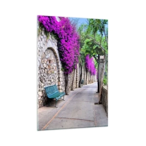 Quadro su vetro - Un sentiero in pietra con una panchina e fiori viola in fiore - 80x120cm - Incontriamoci al più presto - Decorazione murale moderna per soggiorno e camera da letto ARTTOR