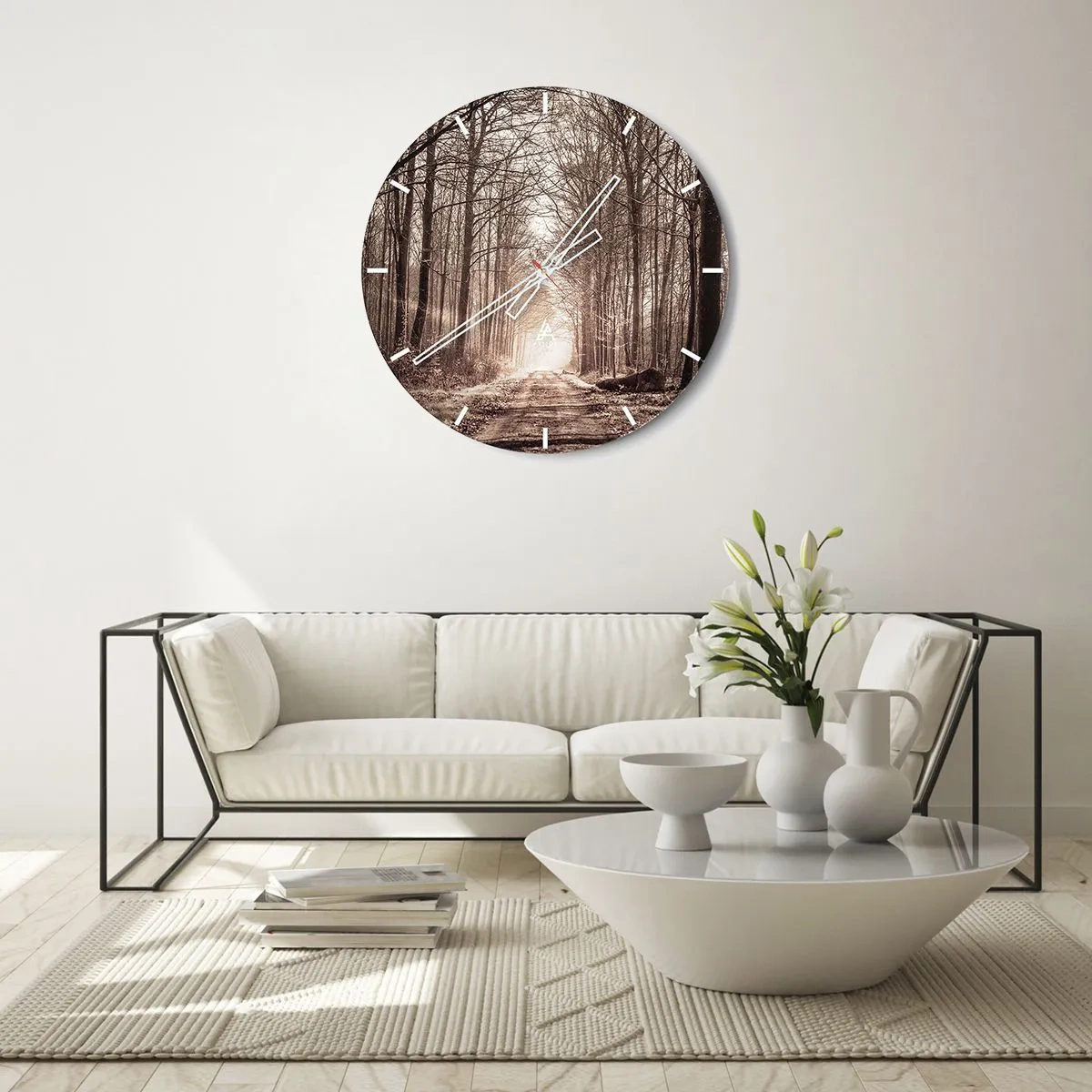 Orologio da parete - Orologio in Vetro - Un viale di alberi in uno scenario autunnale con una prospettiva verso le profondità - 30x30cm - La cattedrale del bosco - Decorazione murale moderna per soggiorno, cucina e camera da letto ARTTOR