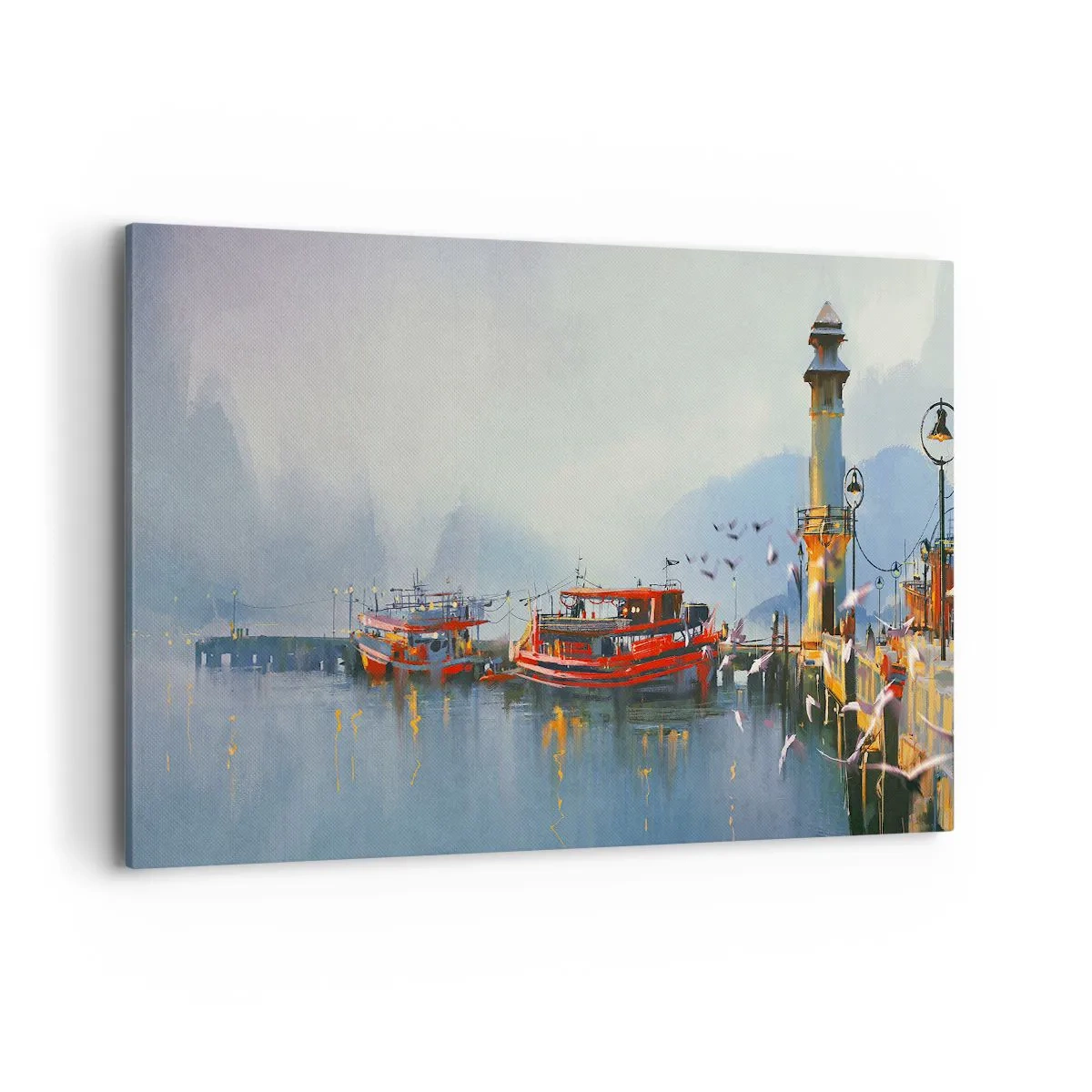 Quadro su tela - Stampe su Tela - Un porto con barche rosse circondato da un paesaggio nebbioso - 120x80cm - Alla fine del mondo - Decorazione murale moderna per soggiorno e camera da letto ARTTOR