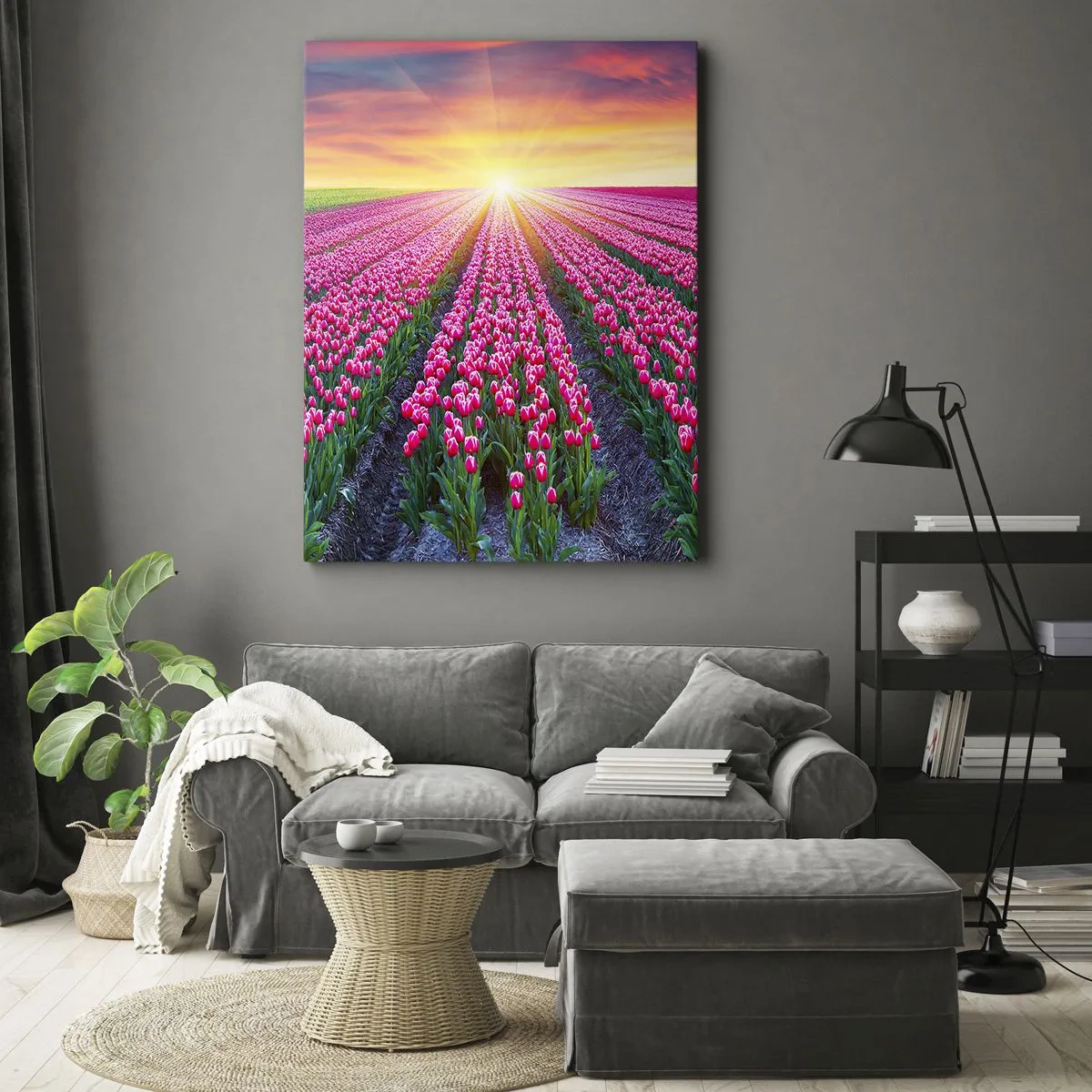 Quadro su tela - Stampe su Tela - Un campo di tulipani al tramonto - 50x70cm - La fattoria della bellezza - Decorazione murale moderna per soggiorno e camera da letto ARTTOR