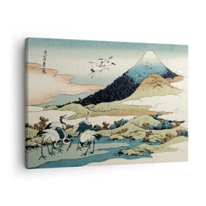 Quadro su tela - Stampe su Tela - Grafica tradizionale giapponese con montagne e gru - 70x50cm - Nello spirito giapponese - Decorazione murale moderna per soggiorno e camera da letto ARTTOR