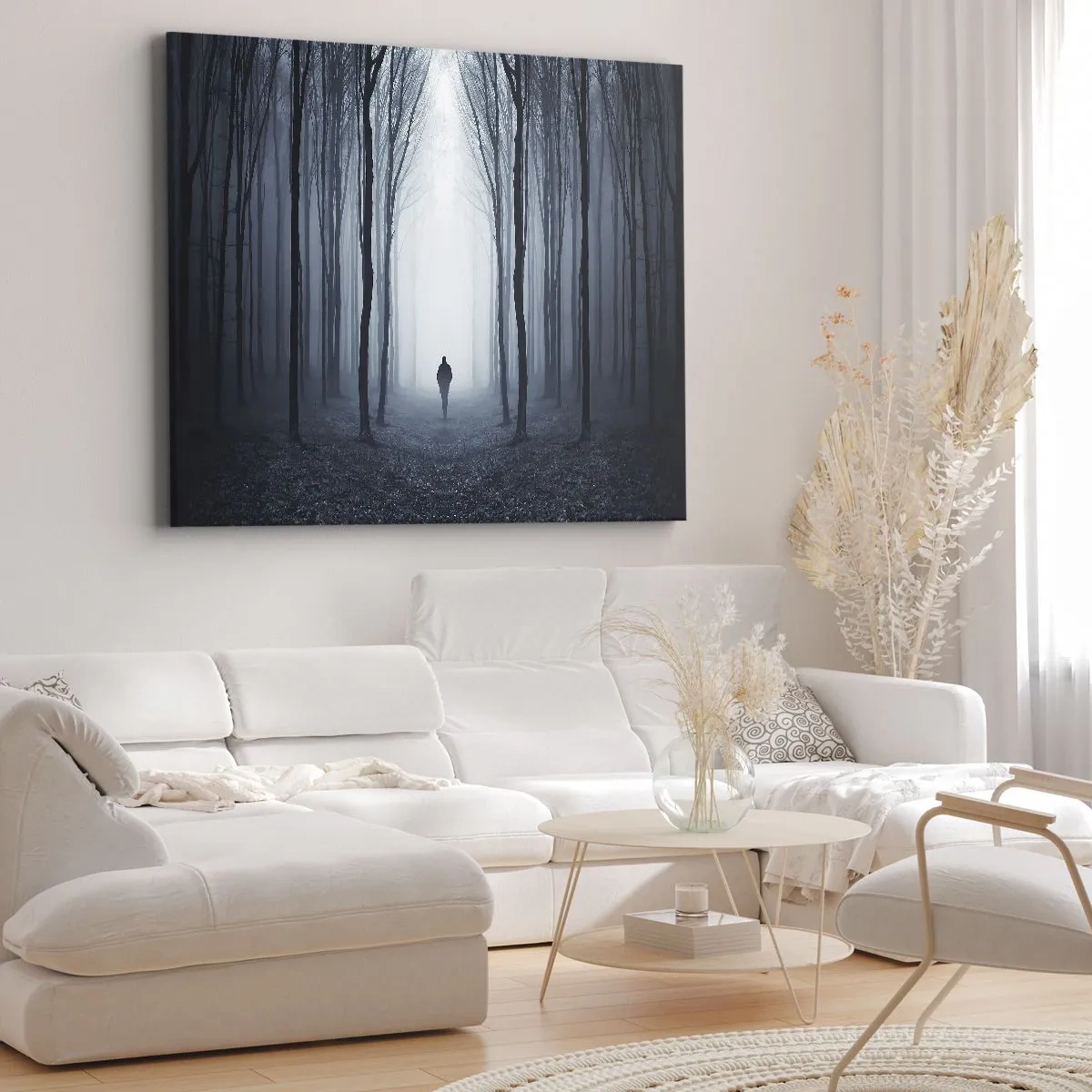 Quadro su tela - Stampe su Tela - Una figura che cammina tra gli alberi in una foresta nebbiosa - 120x80cm - E tutto è semplice e chiaro - Decorazione murale moderna per soggiorno e camera da letto ARTTOR