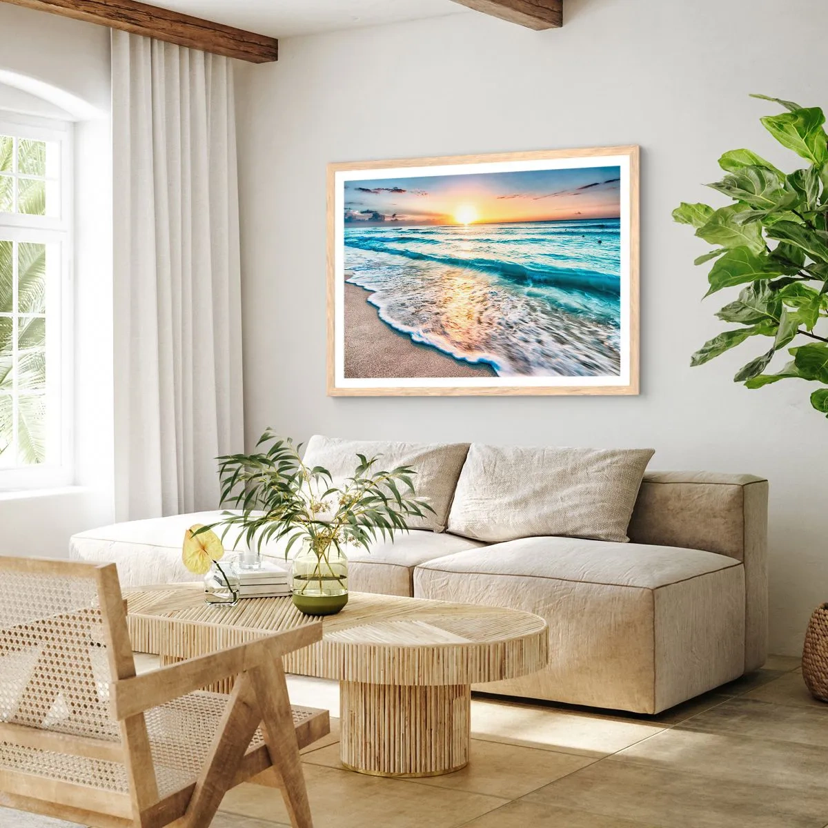 Poster in cornice rovere chiaro - Tramonto sul mare - 70x50 cm