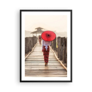 Poster in cornice nera - Una donna con un ombrello rosso su un ponte di legno - 50x70cm - Sul vecchio ponte - Decorazione murale moderna per soggiorno e camera da letto ARTTOR