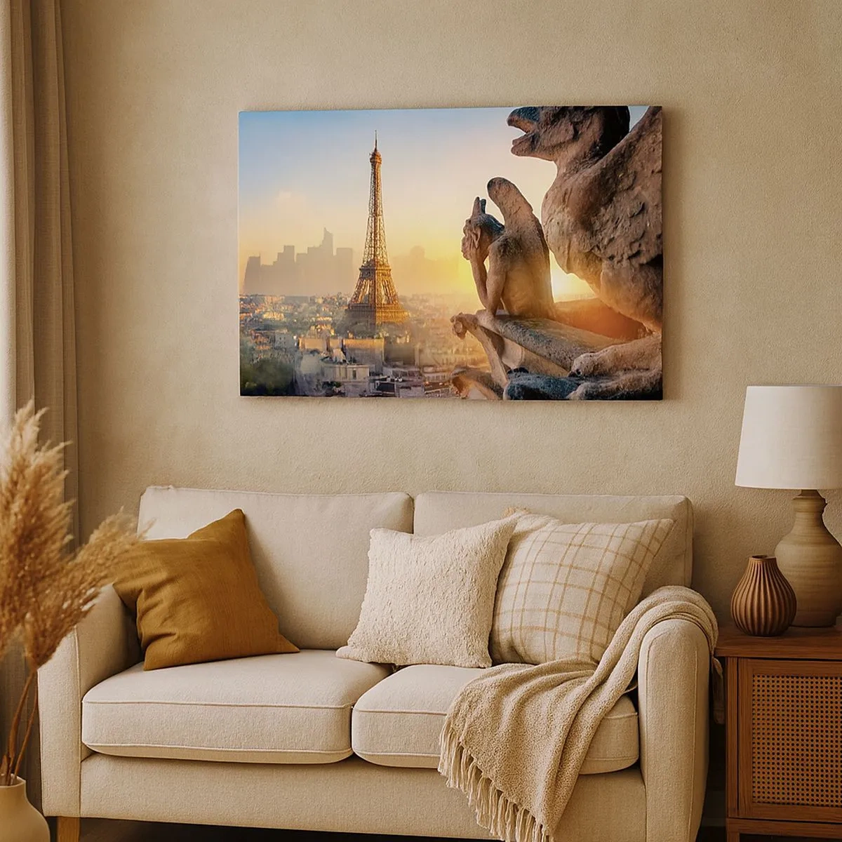 Quadro su tela - Stampe su Tela - Vista della Torre Eiffel con i gargoyle sullo sfondo - 70x50cm - Tante cose sono cambiate... - Decorazione murale moderna per soggiorno e camera da letto ARTTOR