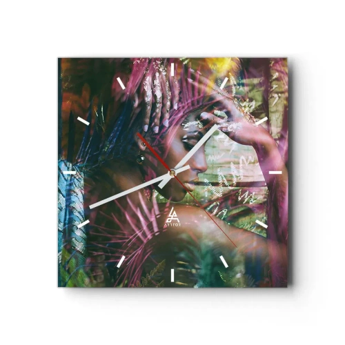 Orologio da parete - Orologio in Vetro - Ritratto di una donna circondata da vegetazione esotica - 30x30cm - Madre Natura nella giungla - Decorazione murale moderna per soggiorno e camera da letto ARTTOR