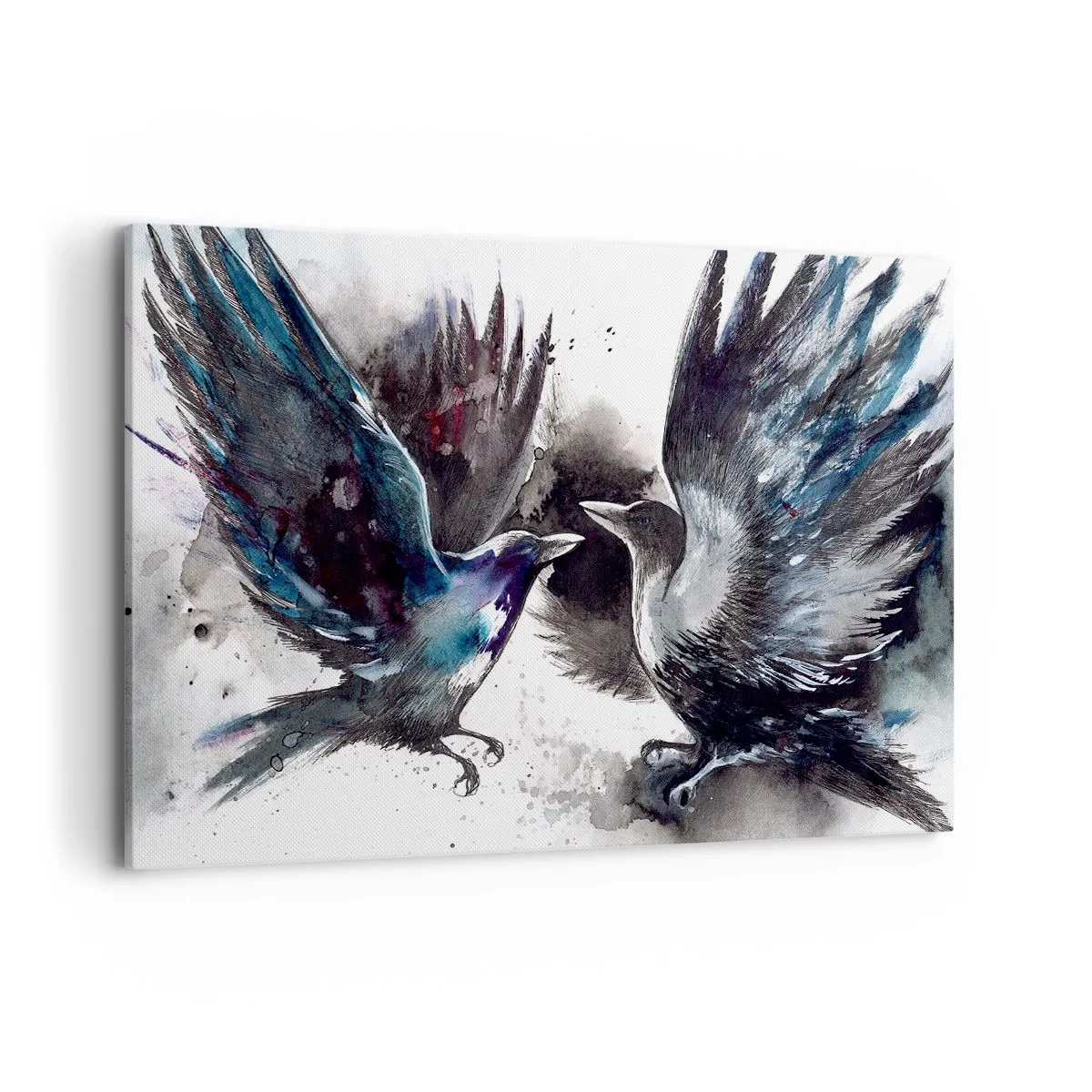 Quadro su tela - Stampe su Tela - Corvi artistici in una composizione dinamica ad acquerello - 120x80cm - Corvi imperiali - Decorazione murale moderna per soggiorno e camera da letto ARTTOR