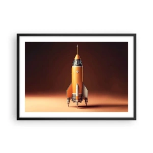 Poster in cornice nera - Un razzo in stile retrò su uno sfondo di toni marroni - 70x50cm - Si inizia dai sogni - Decorazione murale moderna per soggiorno e camera da letto ARTTOR