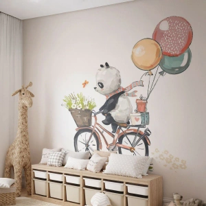 Fotomurali Premium Canvas - Giorno felice - Per bambini, Panda in bicicletta, Astrazione - 400x280 cm