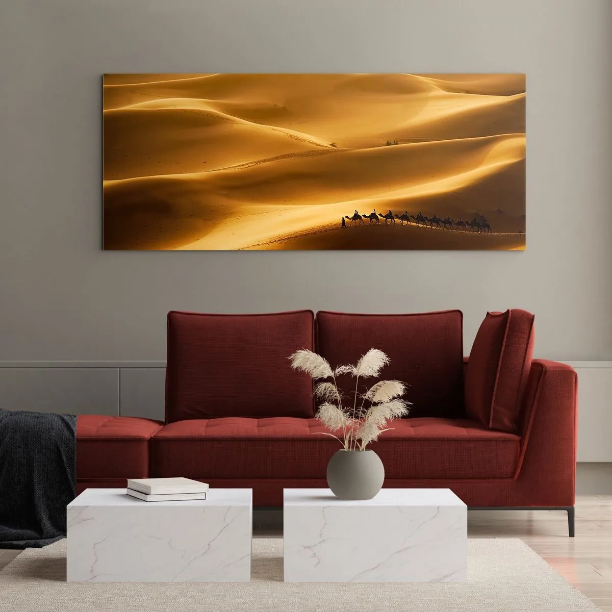 Quadro su vetro - La carovana sulle onde del deserto - 90x30 cm