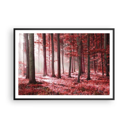 Poster in cornice nera - Una splendida foresta dalle tonalità rosse con raggi di luce che penetrano attraverso gli alberi - 100x70cm - Anche rosso è bello - Decorazione murale moderna per soggiorno e camera da letto ARTTOR