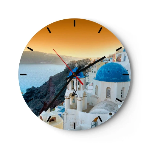 Orologio da parete - Orologio in Vetro - Santorini con vista sul mare al tramonto - 30x30cm - Santorini: aggrappate alle rocce - Decorazione murale moderna per soggiorno, cucina e camera da letto ARTTOR