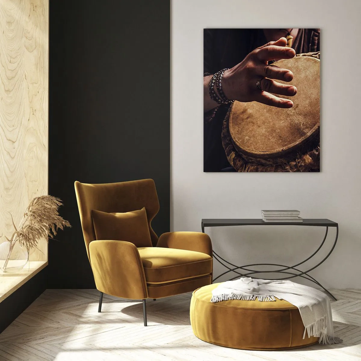 Quadro su vetro - Mani che suonano un tamburo djembe tradizionale - 70x100cm - Al ritmo del cuore - Decorazione murale moderna per soggiorno e camera da letto ARTTOR