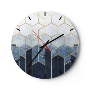 Orologio da parete - Orologio in Vetro - Motivo geometrico a cubo nei toni del blu e dell'oro - 30x30cm - Composizione a ritmo sincopato - Decorazione murale moderna per soggiorno, cucina e camera da letto ARTTOR
