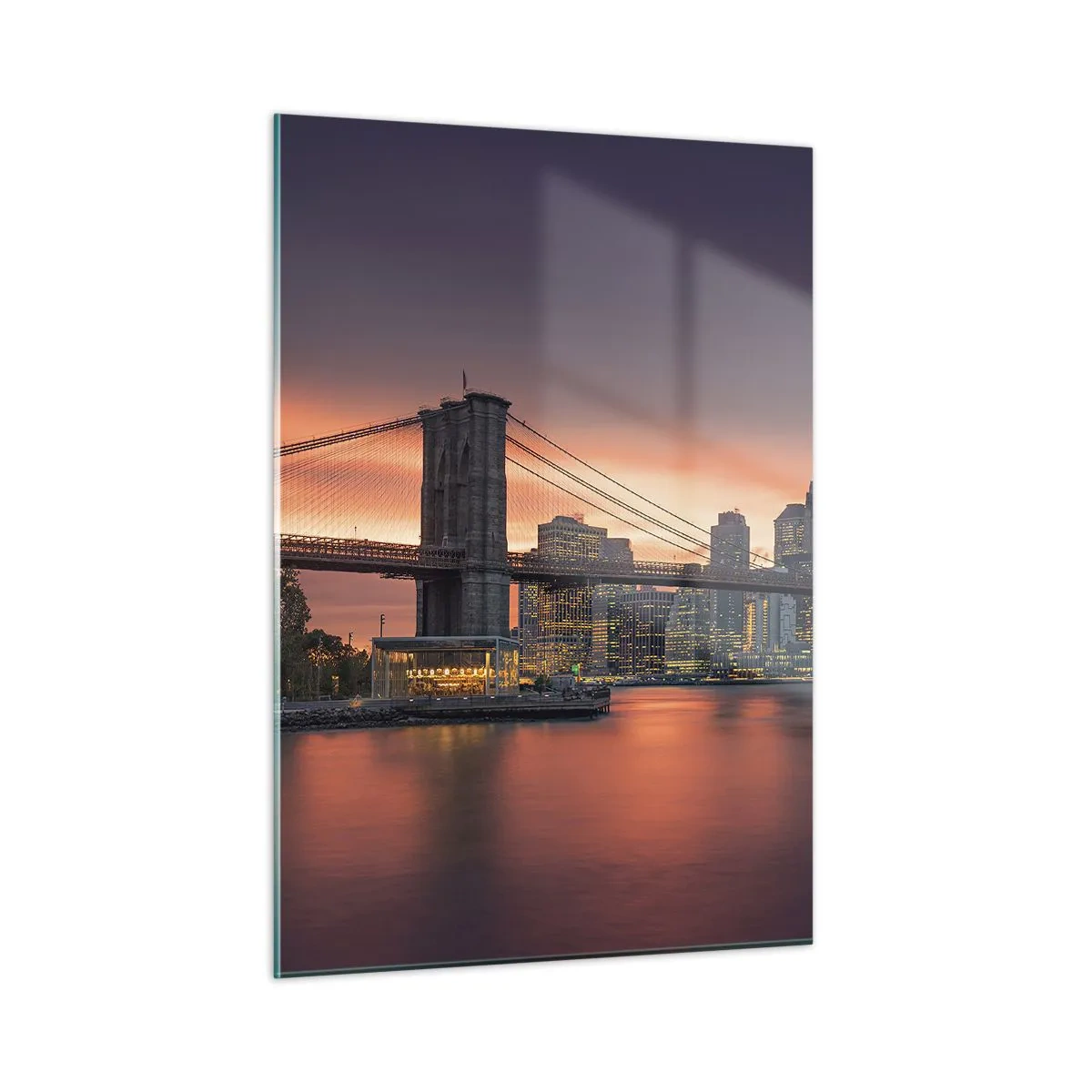 Quadro su vetro - Ponte di Brooklyn al tramonto - 50x70cm - Immersa nel silenzio lilla - Decorazione murale moderna per soggiorno e camera da letto ARTTOR