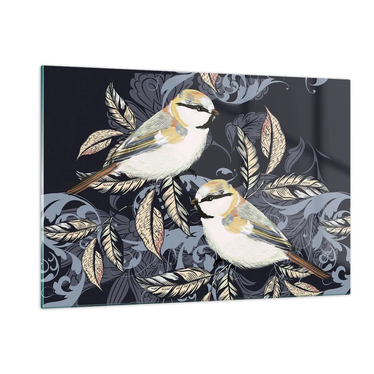 Quadro su vetro - Illustrazione di due uccelli su uno sfondo scuro con ornamenti - 120x80cm - Cinguettio oro e blu - Decorazione murale moderna per soggiorno e camera da letto ARTTOR