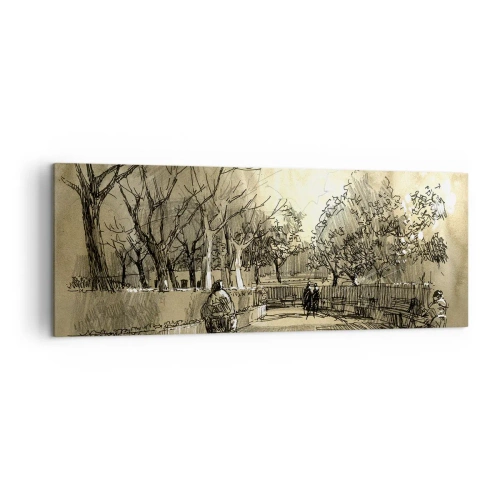 Quadro su tela - Stampe su Tela - Una scena di cartone animato di un parco con persone che camminano in toni caldi. - 140x50cm - Attimo fermato con la penna - Decorazione murale moderna per soggiorno e camera da letto ARTTOR