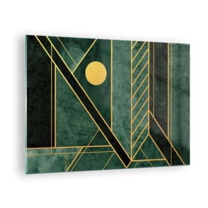Quadro su vetro - Astrazione geometrica verde e oro in stile Art Déco - 70x50cm - Dinamica di oro e azzurro - Decorazione murale moderna per soggiorno e camera da letto ARTTOR