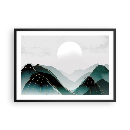 Poster in cornice nera - Paesaggio montano astratto con la luna e linee dorate - 70x50cm - In tutta la maestà - Decorazione murale moderna per soggiorno e camera da letto ARTTOR
