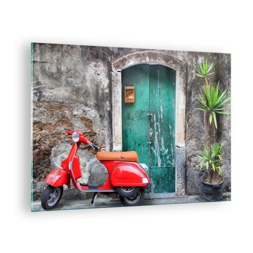 Quadro su vetro - Scooter rosso contro una porta verde - 70x50cm - Vacanze italiane - Decorazione murale moderna per soggiorno e camera da letto ARTTOR