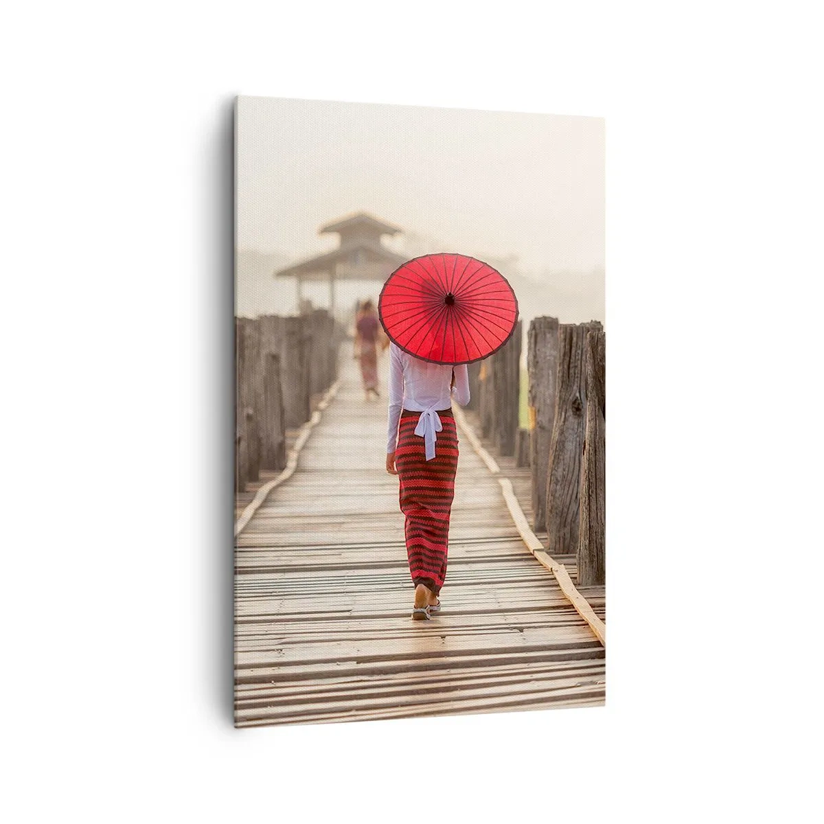 Quadro su tela - Stampe su Tela - Una donna con un ombrello rosso su un ponte di legno - 80x120cm - Sul vecchio ponte - Decorazione murale moderna per soggiorno e camera da letto ARTTOR