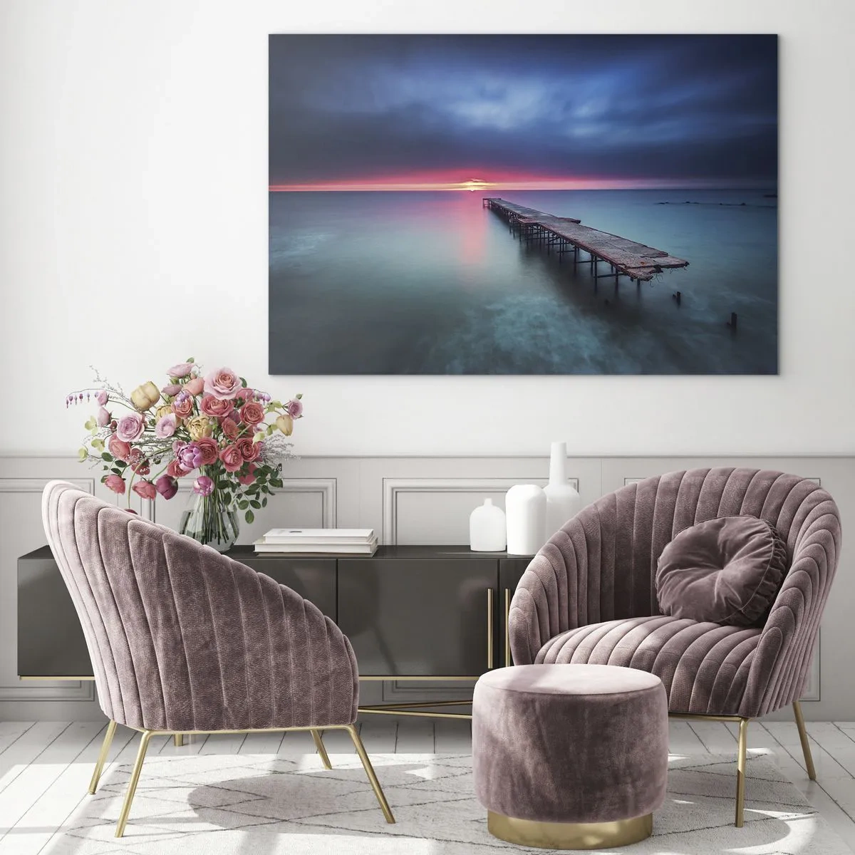 Quadro su vetro - Molo che conduce verso il tramonto - 100x70cm - Tra il cielo e la terra - Decorazione murale moderna per soggiorno e camera da letto ARTTOR