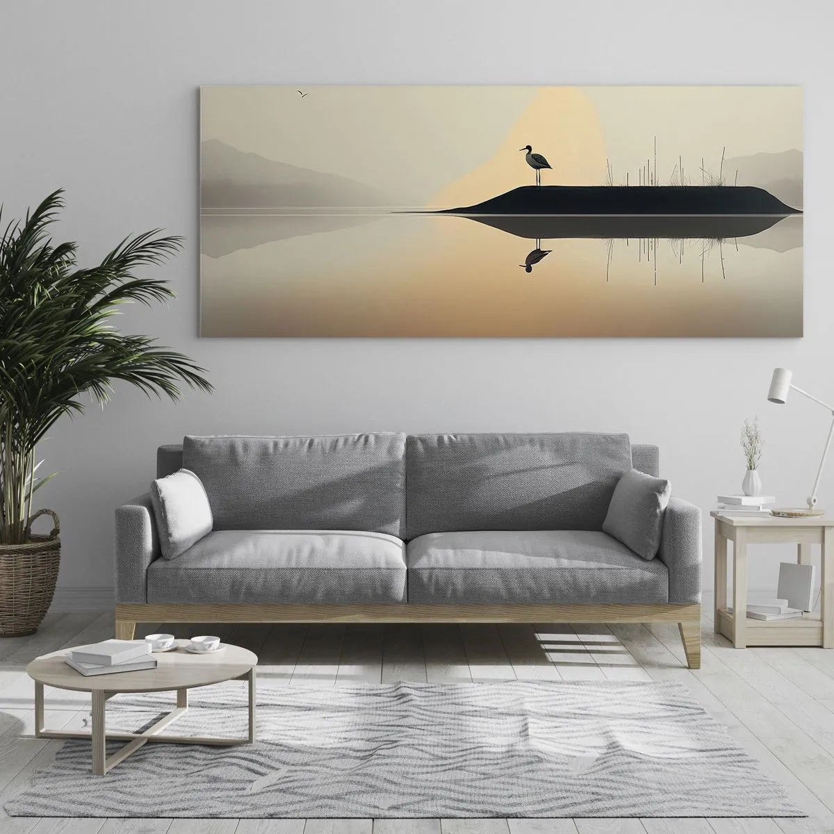 Quadro su vetro - Un uccello su un'isola in un lago calmo con tonalità calde - 140x50cm - Il signore del lago - Decorazione murale moderna per soggiorno e camera da letto ARTTOR