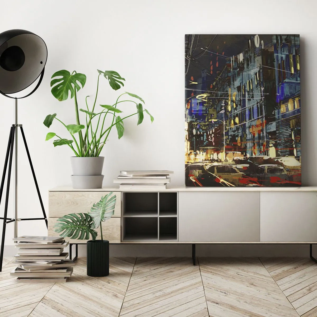 Quadro su tela - Stampe su Tela - Scena notturna della città con luci al neon - 50x70cm - Frastuono serale della strada - Decorazione murale moderna per soggiorno e camera da letto ARTTOR