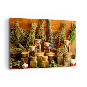 Quadro su tela - Stampe su Tela - Erbe e spezie in barattoli su uno sfondo rustico - 120x80cm - Magie di cucina - Decorazione murale moderna per soggiorno e camera da letto ARTTOR
