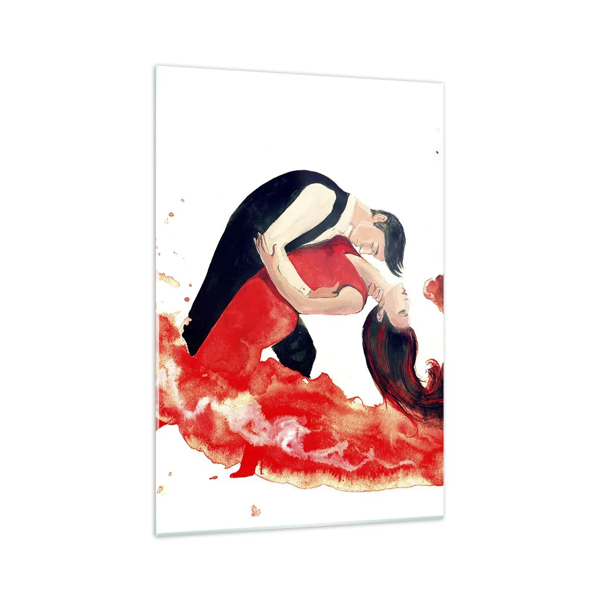 Quadro su vetro - Un dinamico dipinto ad acquerello raffigurante una coppia che balla nei toni del rosso. - 70x100cm - Tango: un'onda di passione - Decorazione murale moderna per soggiorno e camera da letto ARTTOR