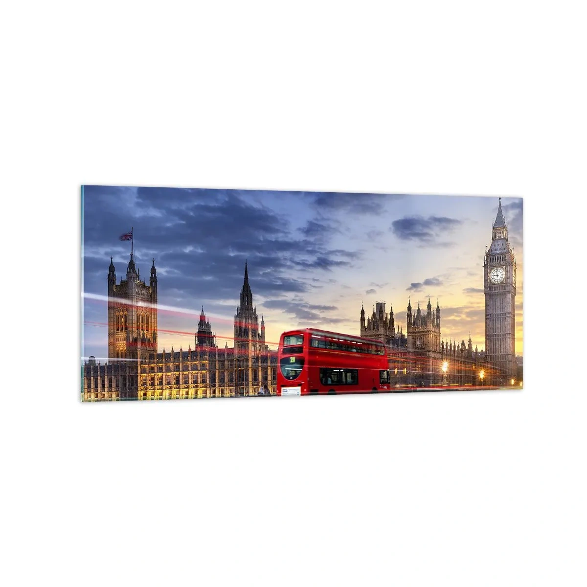 Quadro su vetro - Un autobus rosso con il Big Ben e il Parlamento sullo sfondo al tramonto. - 120x50cm - Segni particolari - Decorazione murale moderna per soggiorno e camera da letto ARTTOR