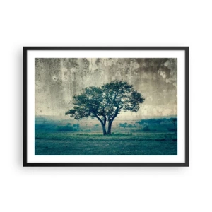 Poster in cornice nera - Un albero solitario contro un paesaggio nebbioso - 70x50cm - Un melo su un prato blu? - Decorazione murale moderna per soggiorno e camera da letto ARTTOR