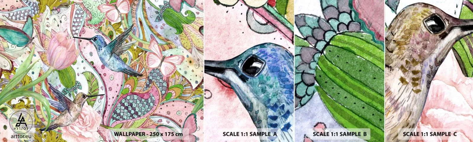 Campione di Fotomurale Adesivo Deluxe Sticker - Intrecciate nei rami - Fiori, Uccello, Farfalla - 100x30 cm