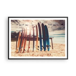 Poster in cornice nera - Tavole da surf sulla spiaggia al tramonto - 100x70cm - Buonanotte, a domani - Decorazione murale moderna per soggiorno e camera da letto ARTTOR