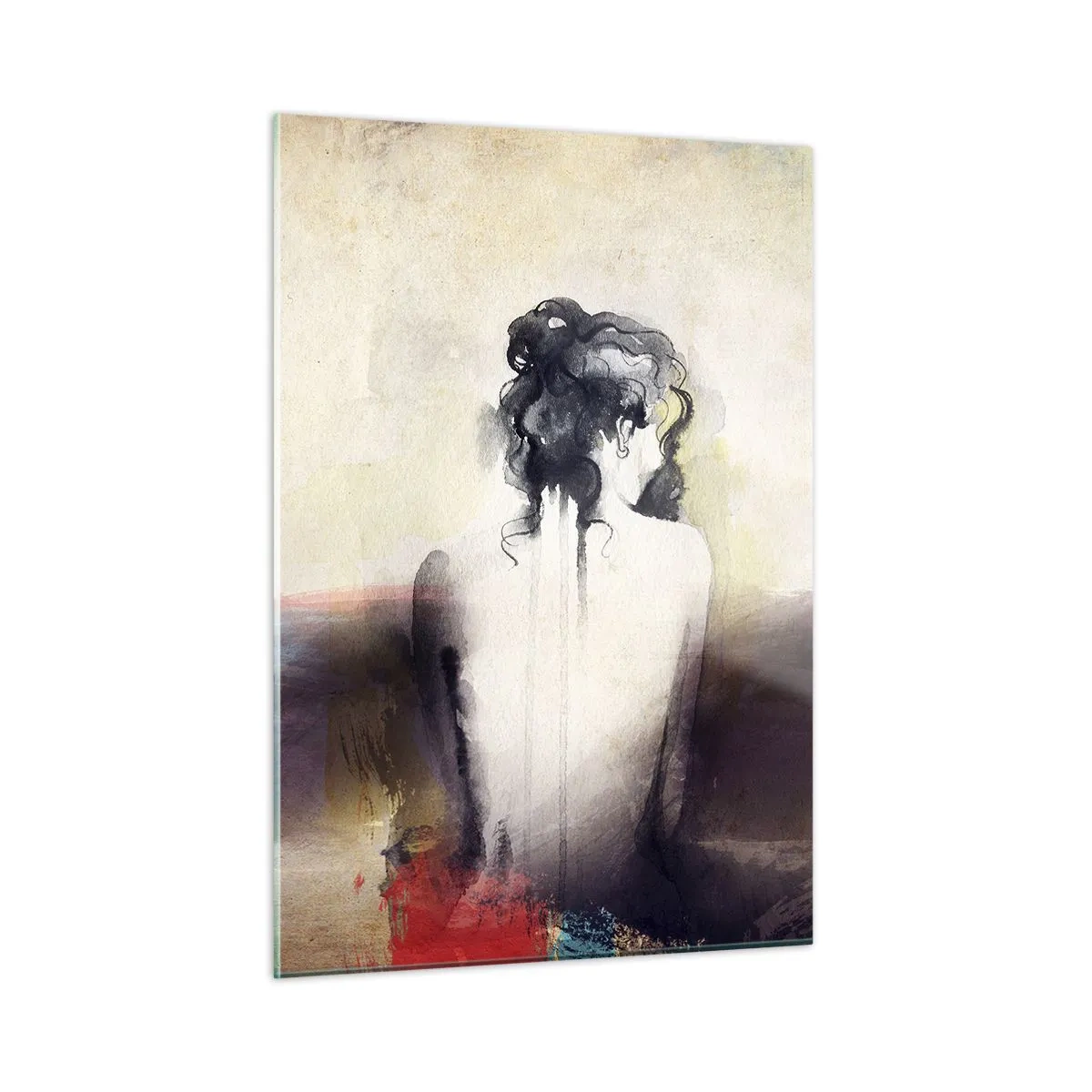 Quadro su vetro - Un delicato ritratto di una donna su uno sfondo paesaggistico color pastello. - 50x70cm - Linee miti, forme ovali - Decorazione murale moderna per soggiorno e camera da letto ARTTOR