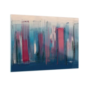 Quadro su vetro - Pennellate verticali in rosso e blu su sfondo beige - 70x50cm - Composizione verticale in blu e rosso - Decorazione murale moderna per soggiorno e camera da letto ARTTOR