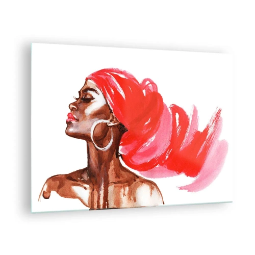 Quadro su vetro - Ritratto ad acquerello di una donna con un turbante rosso - 70x50cm - C'è un vento che allarga le narici dell'uomo - Decorazione murale moderna per soggiorno e camera da letto ARTTOR