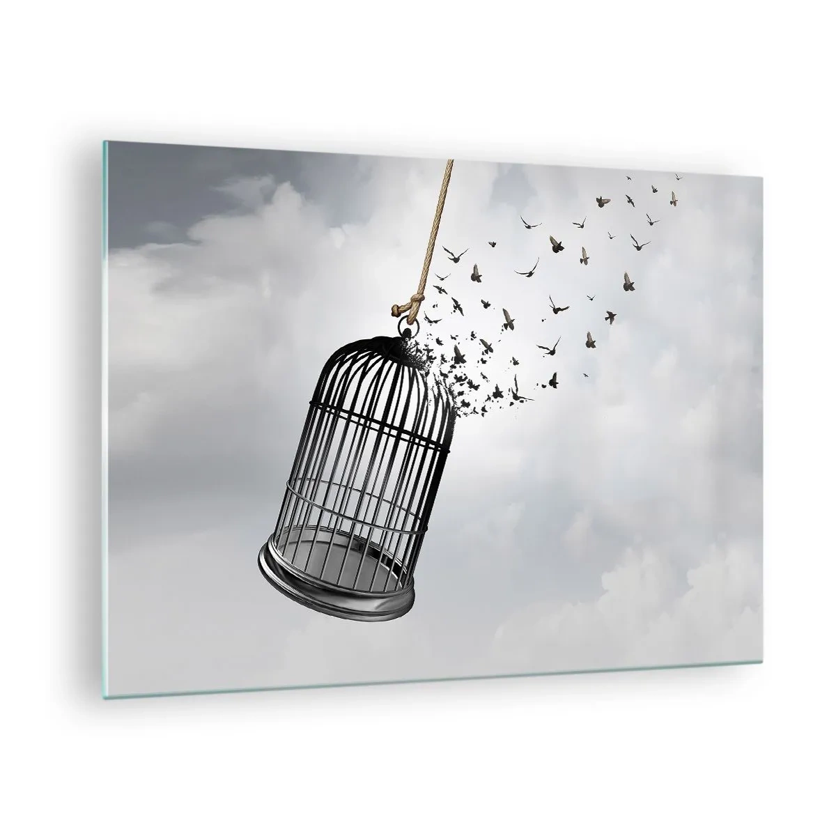 Quadro su vetro - L'apertura della gabbia e gli uccelli che volano fuori da essa contro il cielo - 70x50cm - Fede... Speranza... Libertà! - Decorazione murale moderna per soggiorno e camera da letto ARTTOR