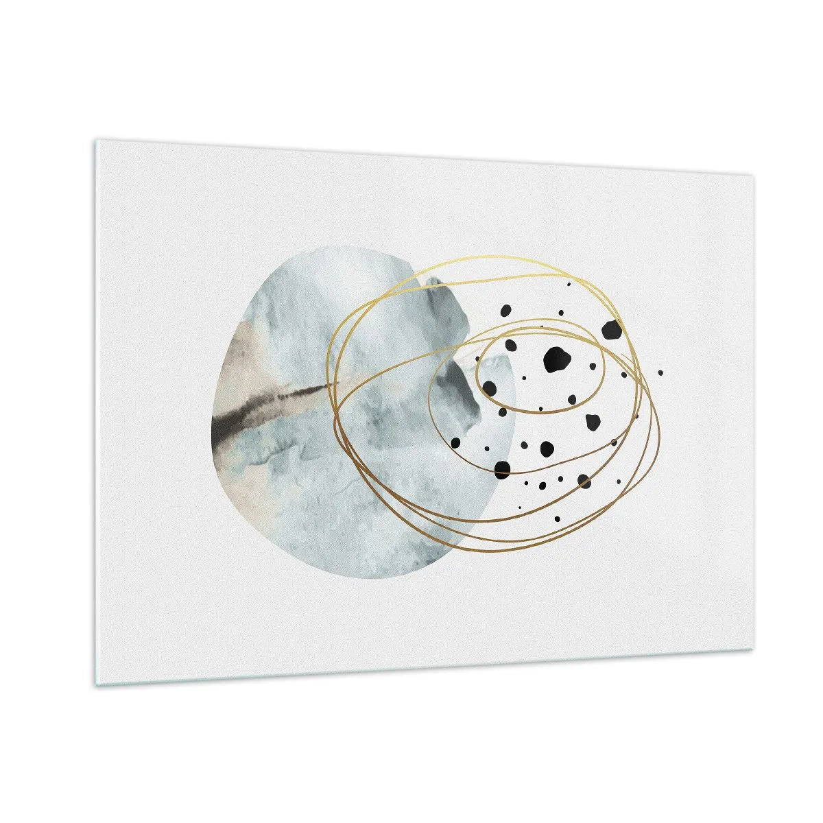 Quadro su vetro - Composizione astratta con una macchia blu e linee dorate - 100x70cm - Nell'abbraccio dello spazio - Decorazione murale moderna per soggiorno e camera da letto ARTTOR