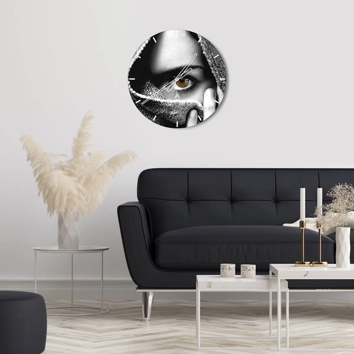 Orologio da parete - Orologio in Vetro - Il bianco e nero sembra nascosto dietro il tessuto - 30x30cm - Scopri il segreto - Decorazione murale moderna per soggiorno, cucina e camera da letto ARTTOR