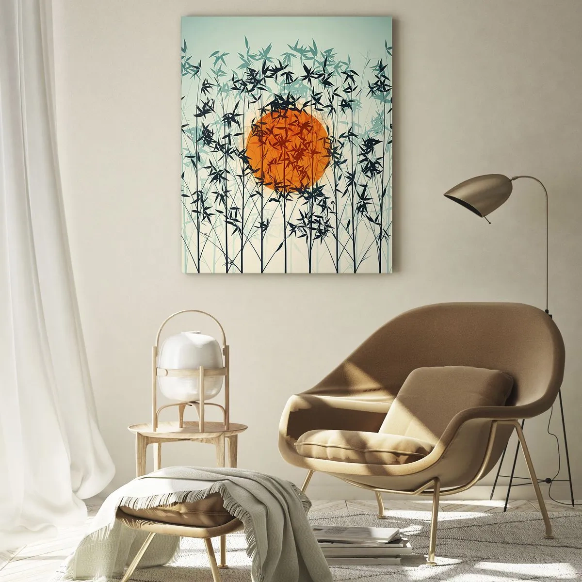 Quadro su vetro - Sole rosso tra delicate foglie di bambù - 50x70cm - Sole giapponese - Decorazione murale moderna per soggiorno e camera da letto ARTTOR