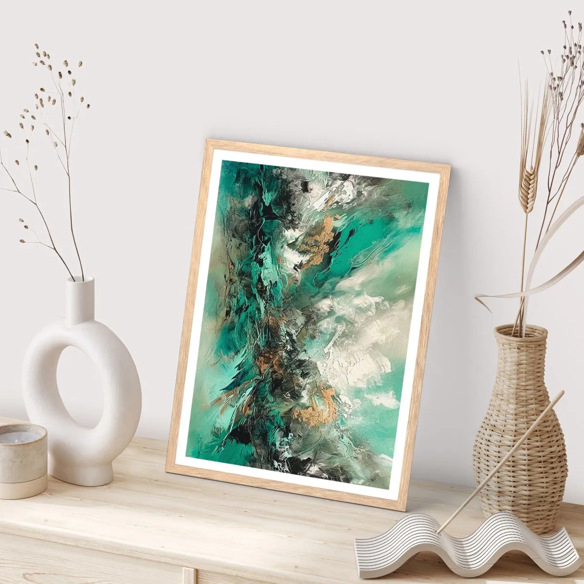 Poster in cornice rovere chiaro - Frangente nero e smeraldo - 40x50 cm