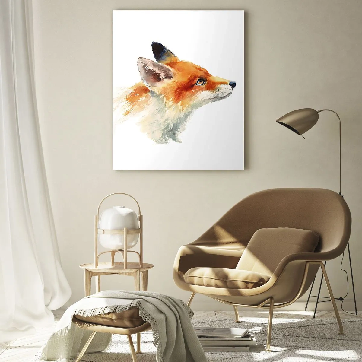 Quadro su vetro - Illustrazione ad acquerello di una volpe che guarda in lontananza - 50x70cm - La prudenza non è mai troppa - Decorazione murale moderna per soggiorno e camera da letto ARTTOR