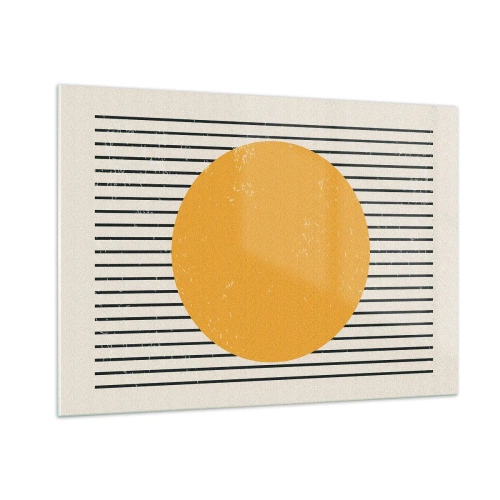 Quadro su vetro - Un cerchio arancione su uno sfondo di linee nere orizzontali su sfondo beige. - 100x70cm - La forza della semplicità - Decorazione murale moderna per soggiorno e camera da letto ARTTOR