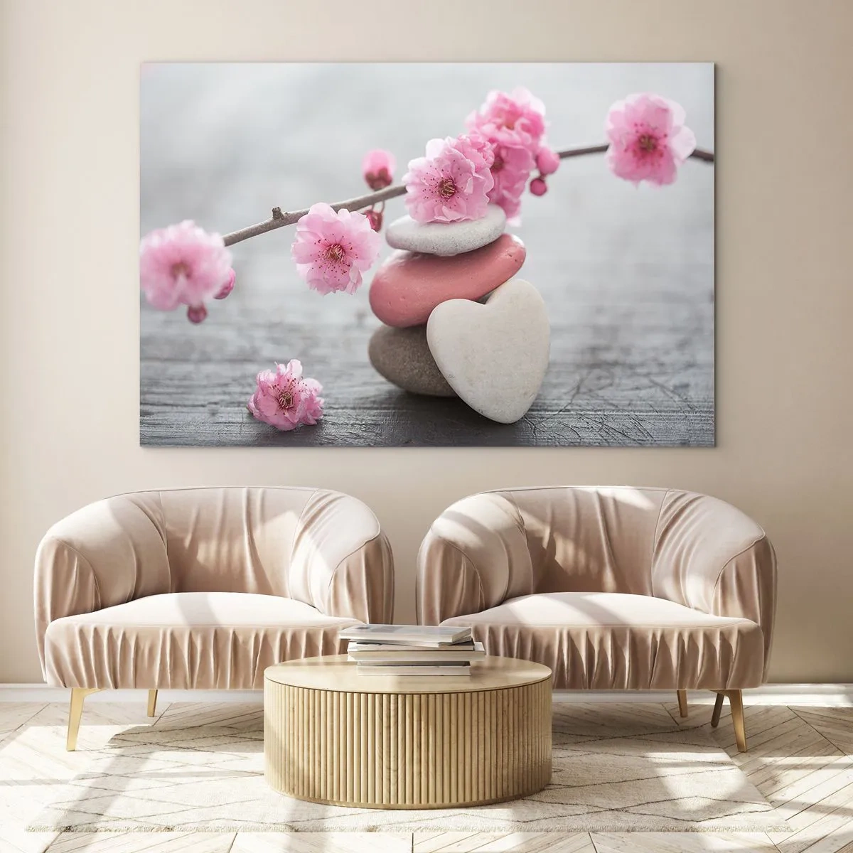 Quadro su vetro - Fiori di ciliegio rosa e pietre a forma di cuore - 70x50cm - Serenità con fiori di ciliegio - Decorazione murale moderna per soggiorno e camera da letto ARTTOR