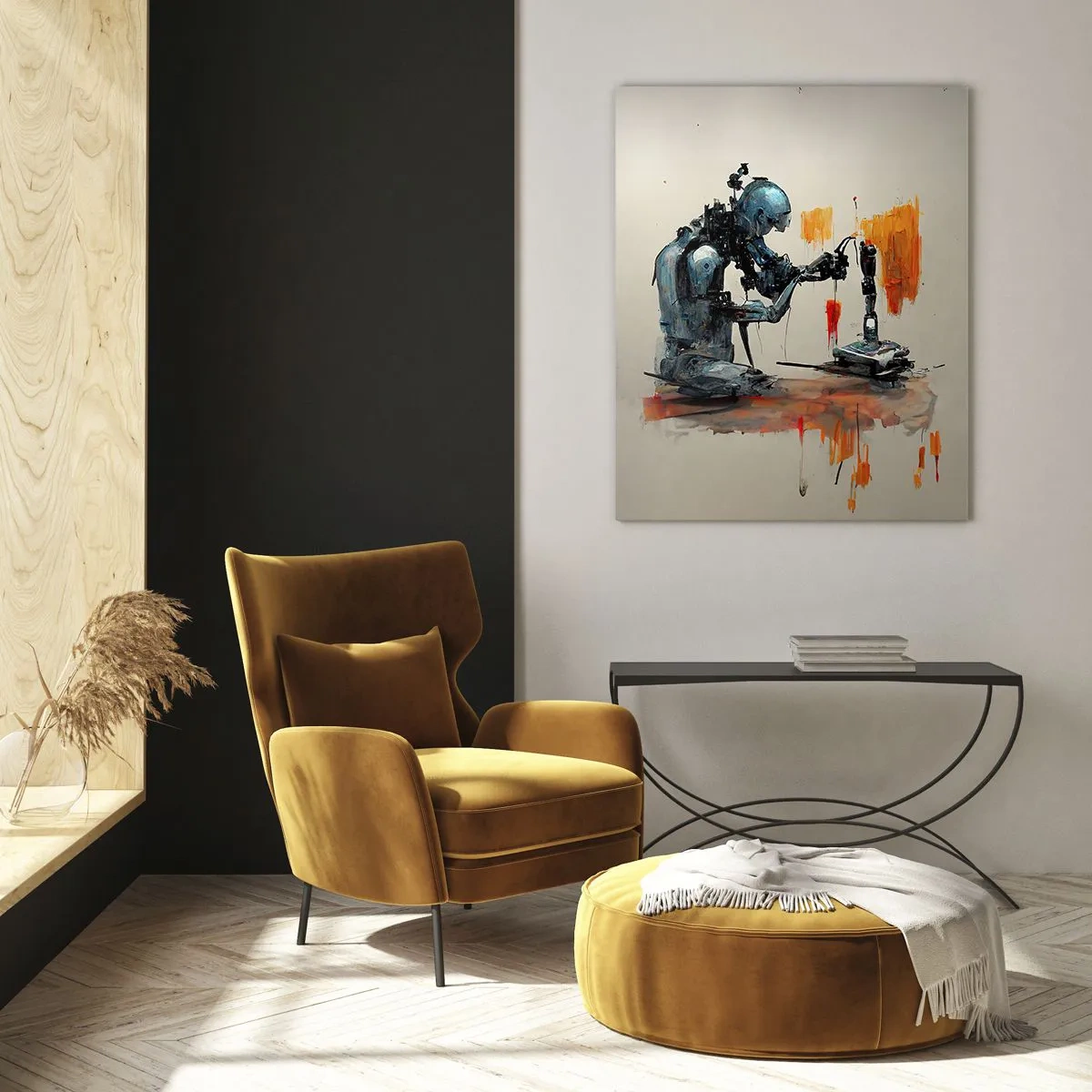 Quadro su vetro - Un robot che dipinge una mano meccanica su uno sfondo astratto. - 50x70cm - È già domani... - Decorazione murale moderna per soggiorno e camera da letto ARTTOR